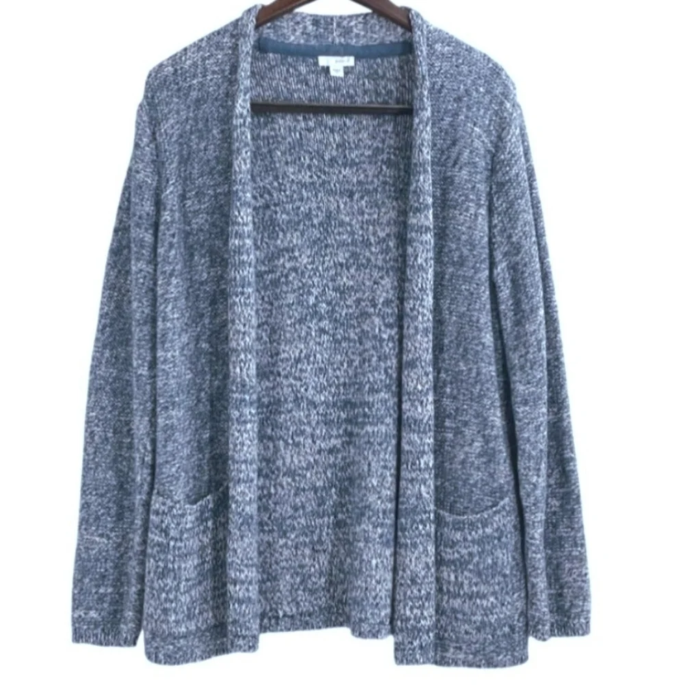 Pure Jill Navy White Marled Open Cardigan Pockets 100% Cotton Size M Petite
